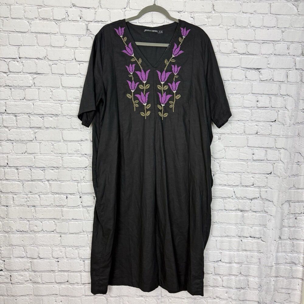 Gudrun Sjoden Womens L Black Linen Cotton Embroidered Dress Short Sleeves Boho